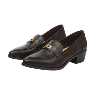 头层牛皮英伦风尖头乐福鞋女金属扣中跟小皮鞋复古通勤单鞋软底