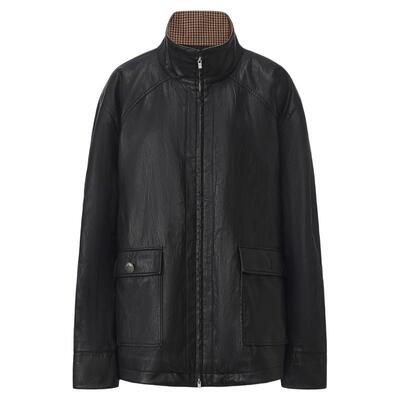 格纹拼接立领宽松夹棉小羊皮夹克