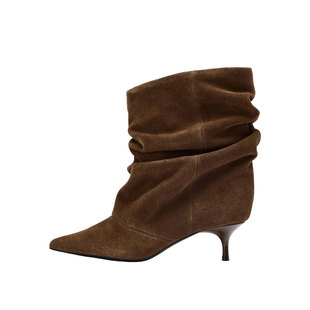 ZA2025秋冬新款牛反绒褶皱猫跟短筒靴尖头气质堆堆靴时尚百搭短靴