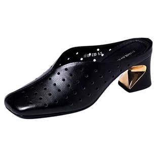 品牌真皮穆勒包头半拖鞋女士夏季外穿时尚百搭方头粗跟懒人凉拖鞋