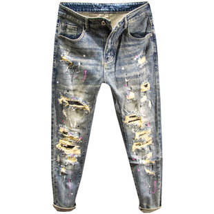 三古木棉高端泼墨补丁破洞牛仔裤男生春秋季乞丐裤子男修身小脚
