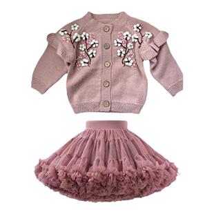 秋季新款女童tutu裙套装女宝宝单排扣棉花刺绣上衣蓬松凸凸裙套装