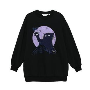 MOVEUP幻走2024冬季新款.FUN系列加绒圆领猫咪印绣花短款卫衣女