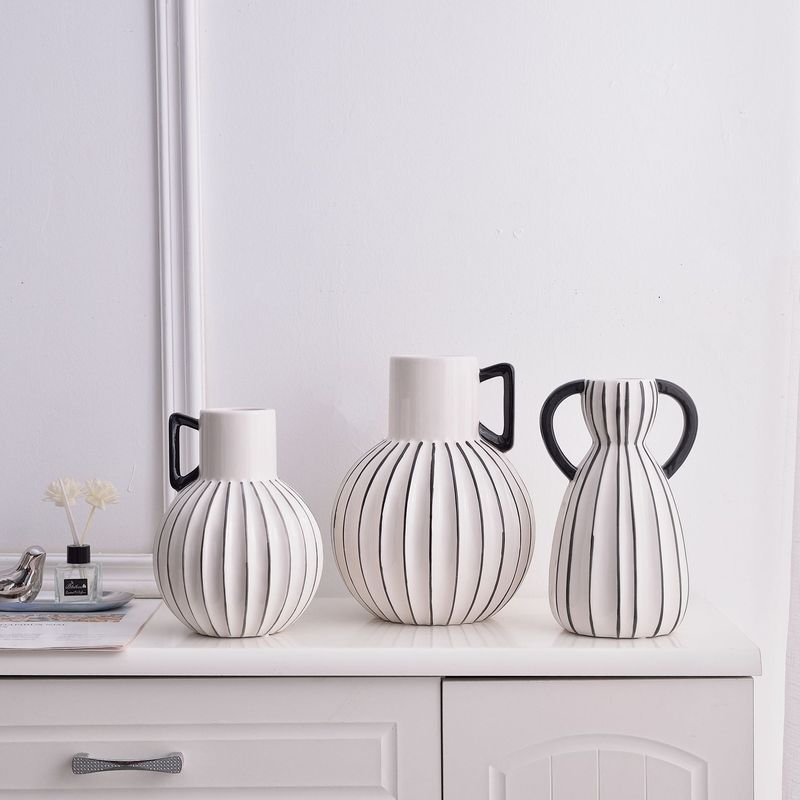 简约现代法式浪漫黑白色鲜花瓶器皿三件套手绘陶瓷壶养琉璃花