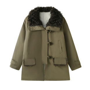 【限时价】橘子树在哪儿大翻领牛角扣工装派克服女冬保暖棉服外套