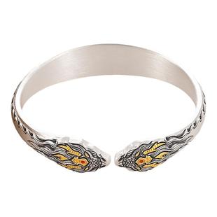 银千造 龙腾四海足银999实心开口银手镯男女款国风龙型镶金银手环