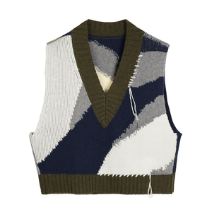 速写outlets奥莱男装2022春夏复古毛衣背心拼色V领短款9M8310550