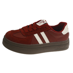 超火红色德训鞋女加绒加厚冬季保暖厚底休闲板鞋皮面防水阿甘鞋子