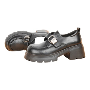 意尔康女鞋时尚潮流厚底乐福鞋英伦风金属扣黑色小皮鞋粗跟单鞋