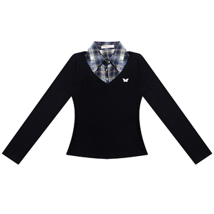 ziziFei秋冬季美式复古设计感假两件上衣修身显瘦polo领针织衫女