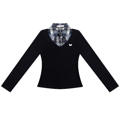 美式复古衬衫拼接针织衫