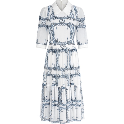 蓝白拼色欧式复古印花长款连衣裙