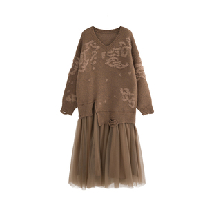 AZure温柔提花拼色马海毛针织裙宽松显瘦拼纱假两件灯笼袖毛衣裙