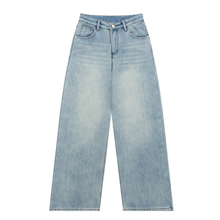 橘子树在哪儿蓝色加绒直筒牛仔裤女秋冬设计感高腰阔腿显瘦拖地裤