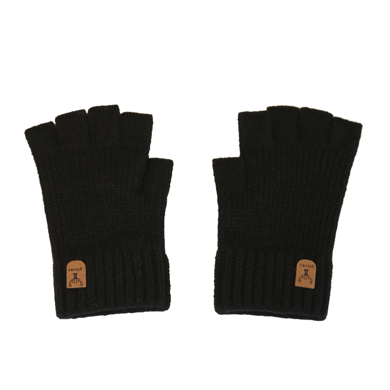 毛线针织手套男秋冬季露指学生写字打字骑行触屏保暖半指漏指弹性