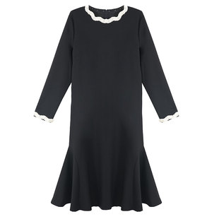 柒院家微胖大码女设计感钉珠花边圆领连衣裙2025冬遮肉显瘦中长裙