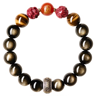 庆祥泰2026马年本命年黑曜石手串999足银护身符男三合太岁手链女