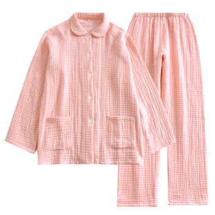 无印四层纱布纯棉睡衣女秋冬新款情侣加厚高档全棉日系格子家居服