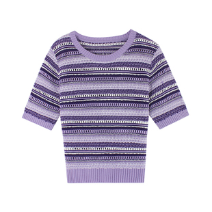 伊纳芙条纹撞色镂空毛衣女2025春新款圆领短袖针织衫宽松百搭上衣