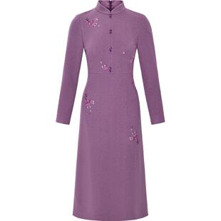 黛玛诗秋冬新款连衣裙温婉国风立领收腰长袖针织绣花旗袍裙女