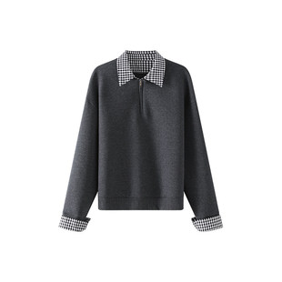 OSA欧莎灰色卫衣女款2026新款春装格子翻领宽松慵懒风假两件上衣