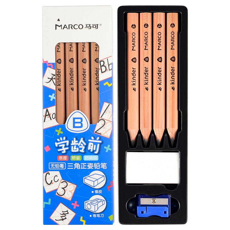 马可610儿童学龄前专用幼儿园粗杆大三角杆铅笔B三棱铅笔HB原木安全初学者练字书写加粗三角形铅笔
