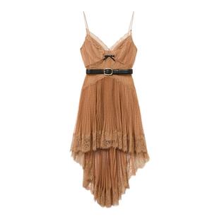 self-portrait 2025春夏浅咖色波嬉风波点网纱吊带礼服连衣裙