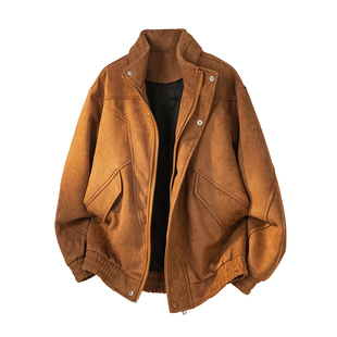 WASSUP SHARK美式复古立领麂皮工装夹克男款春秋潮牌休闲宽松外套