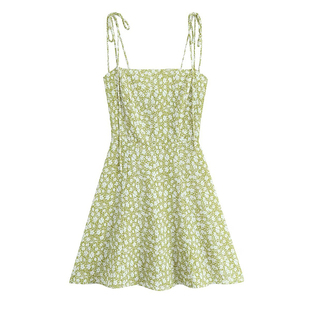 MH快时尚 法式复古绿色田园风碎花吊带裙女收腰显瘦系带A字短裙女