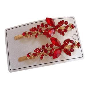 红色夹子头饰发夹后脑勺碎发一字夹大号水钻刘海夹侧边夹妈妈顶夹