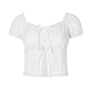 孔雪儿同款 Kroche 纯白夏日 蕾丝花边 方领泡泡袖上衣+拼接长裙