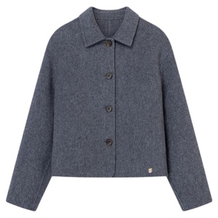 Eland衣恋短款毛呢外套女含绵羊毛保暖格雷系双面呢气质大衣冬季