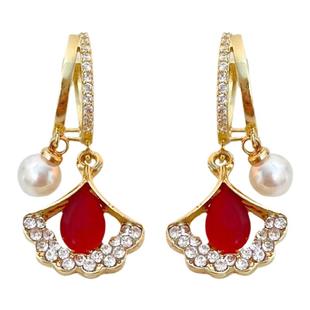 2025年新款潮红锆石银杏叶耳扣气质百搭民族风耳环女小众法式耳饰