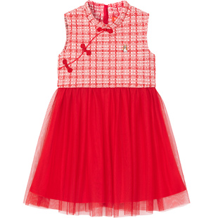 暇步士童装女童连衣裙秋冬新款喜庆拜年服裙子儿童新年红色公主裙