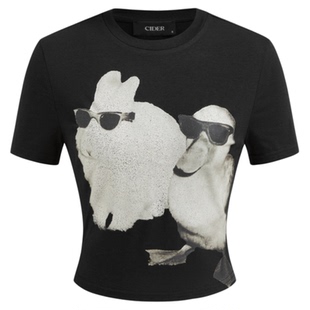 CIDER 夏季新品女装兔子鸭子印花短款圆领T恤 114667224