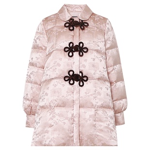 2025冬季新款时尚千金风娃娃领撞色盘扣加厚国风提花羽绒服外套女