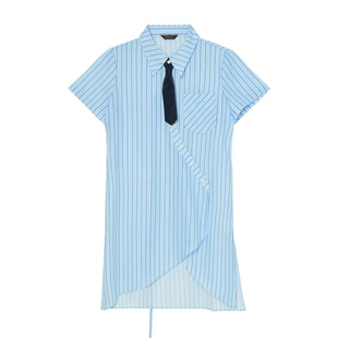 莱芙艾迪儿小众长款条纹蓝色衬衫女夏设计感上衣1E2C30090