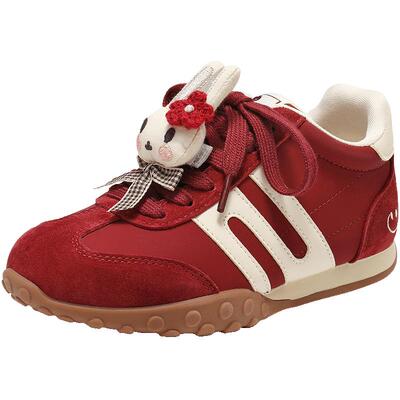 百丽童鞋彩虹豆红色新年德训鞋中童鞋新款厚底棉鞋毛毛鞋62623D85