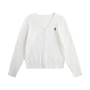 LINHOUSE复古米白色麻花刺绣圆领针织开衫通勤百搭V领毛衣上衣女