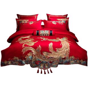 140支结婚四件套纯棉全棉龙凤新婚刺绣喜被高端大红色婚庆十件套