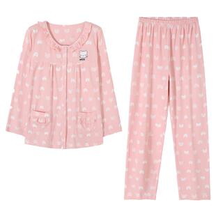 睡衣女士春秋款秋季纯棉长袖家居服全棉夏季薄款中年妈妈大码套装