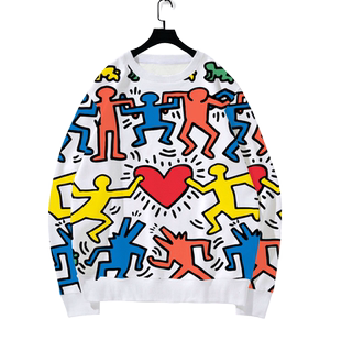 keith haring联名凯斯哈林潮ins涂鸦圆领卫衣男女加绒长袖上衣服