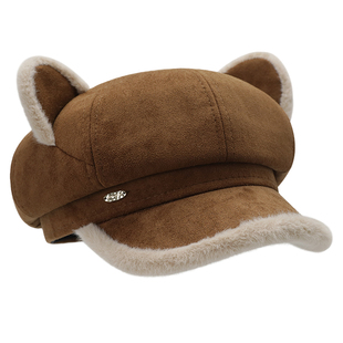 韩版可爱俏皮萌趣猫耳朵八角帽子女秋冬毛绒保暖显脸小报童画家帽