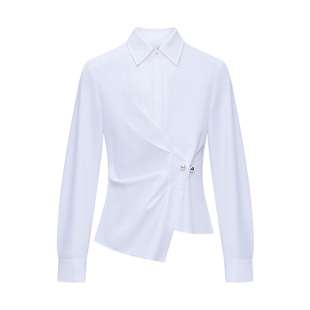 LILY2026春新款女装设计感翻领褶皱收腰气质通勤长袖白色衬衫短款