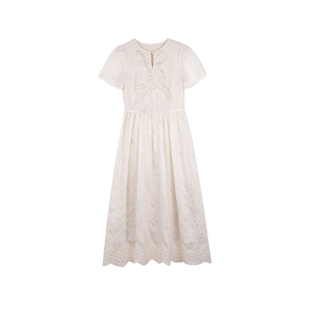 solighter 法式重工定位绣花一粒扣连衣裙夏季2025新款收腰长裙