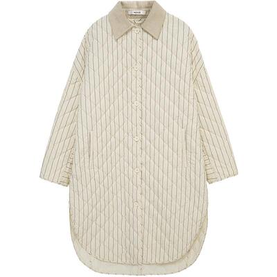 MESUX米岫25冬量感暖核宽松茧型米白条纹中长款棉服外套MNWUJ301