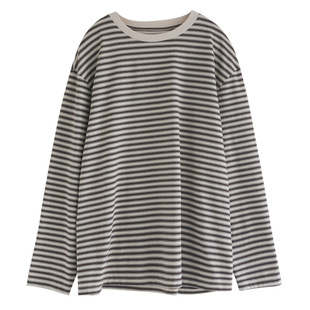 徐大脸吖定制 韩系复古全棉圆领针织衫春秋休闲条纹长袖T恤女上衣