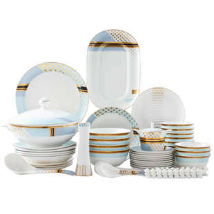 现代风骨瓷餐具套装60头家用碗碟组合十人餐具成套简约创意餐具礼