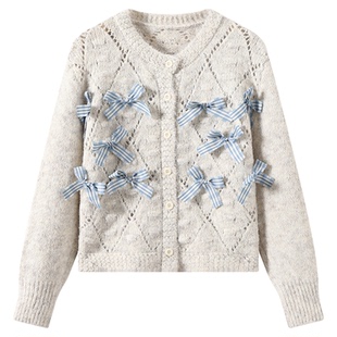 DDXZ夕子百搭甜美风单排扣洞洞针织衫开衫条纹蝴蝶结贴布毛衣外套