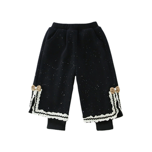 女童假两件加绒裤子2025新款花边秋冬季休闲直筒裤洋气时髦阔腿裤